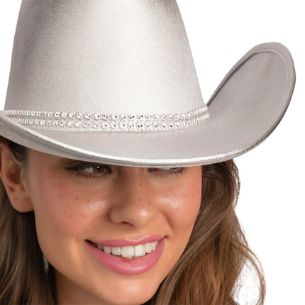 e-carnavalskleding-SYK Cowboyhoed Texaans Zilver met Strass Band