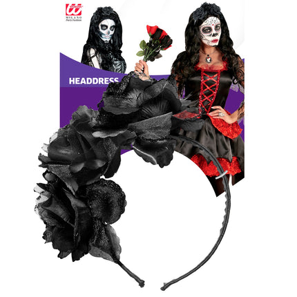 e-carnavalskleding-SYK Diadeem  day of death met 3 rozen zwart glitter