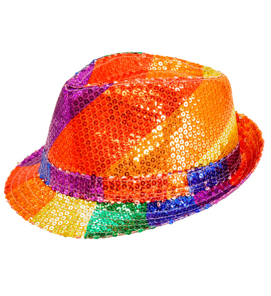 e-carnavalskleding-SYK Fedora pailletten regenboog hoed