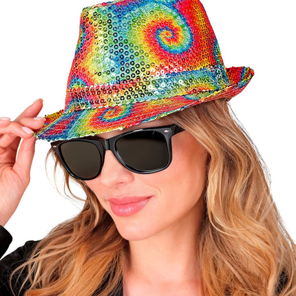 e-carnavalskleding-SYK Fedora pailletten tie dye hoed