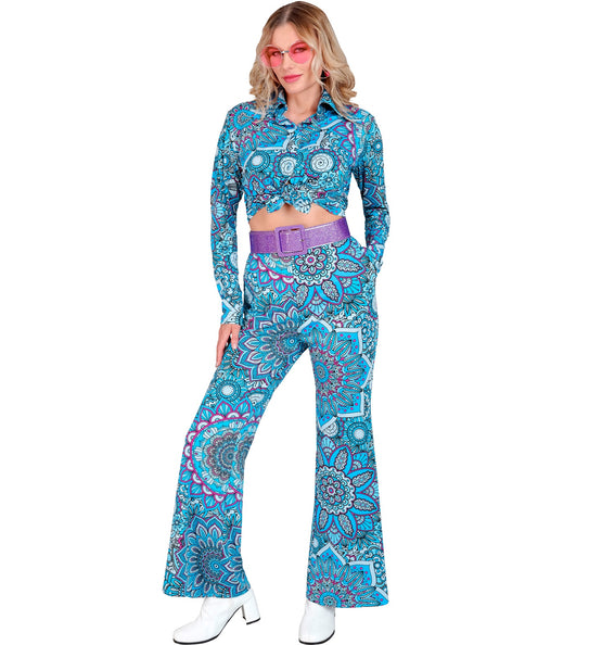 e-carnavalskleding-SYK Jaren 70 broek mandala blauw dames