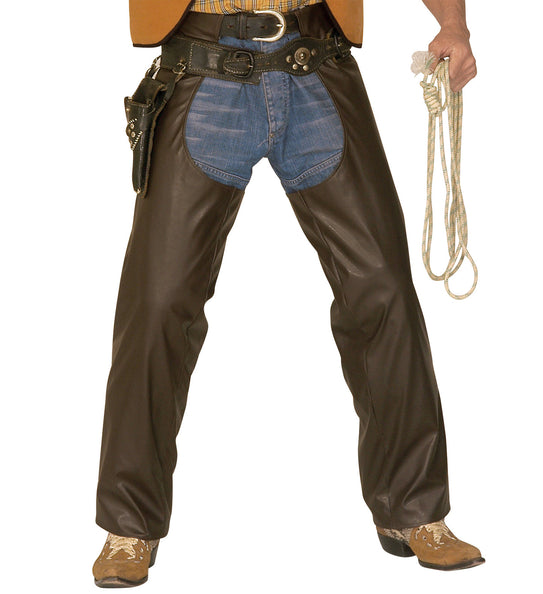 e-carnavalskleding-SYK Lederlook cowboy broek met chaps bruin