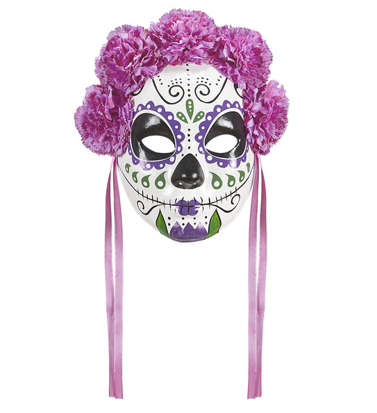 e-carnavalskleding-SYK Masker Dia De Los Muertos Met Paarse Rozen