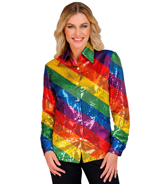 e-carnavalskleding-SYK Paillettenshirt dames Lisa regenboog