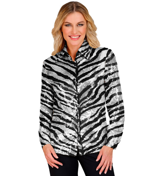 e-carnavalskleding-SYK Paillettenshirt dames Zebra