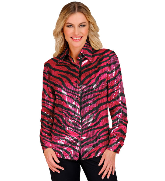 e-carnavalskleding-SYK Paillettenshirt dames zebra pink