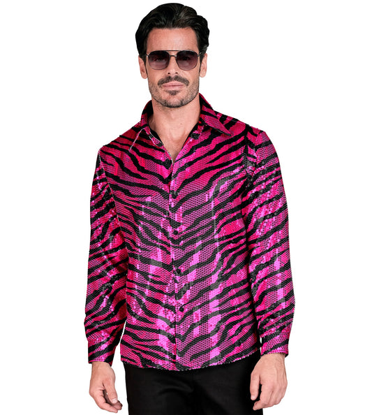 e-carnavalskleding-SYK Paillettenshirt heren zebraprint roze