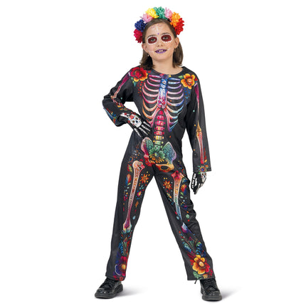 e-carnavalskleding-SYK Skelet jumpsuit bloemen kind day of death