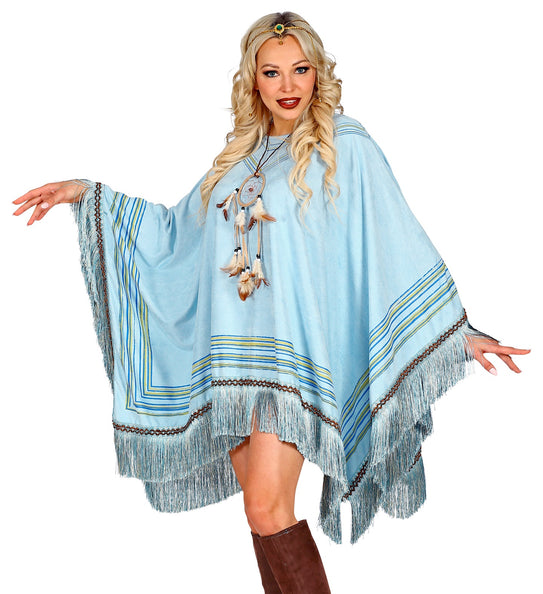 e-carnavalskleding-SYK Suede poncho in hemelsblauw met print unisex