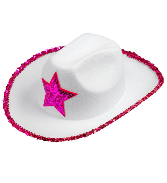 e-carnavalskleding-SYK Witte cowboyhoed met roze paillettten ster