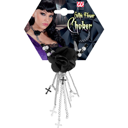 e-carnavalskleding-SYK Zwarte gothic ketting met roos