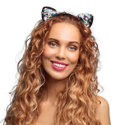 E-Carnavalskleding.nl Diadeem regenboog katten oren glitter