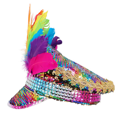 E-Carnavalskleding.nl Regenboog glitter pet met veren