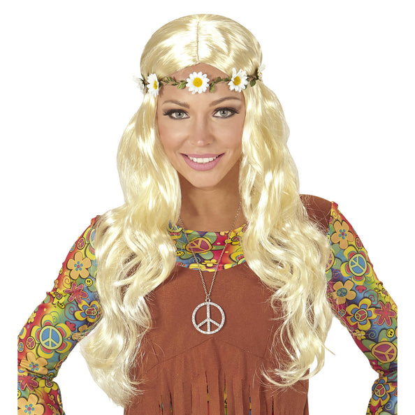 e-carnavalskleding-SYK Blonde hippie pruik met margrietjes