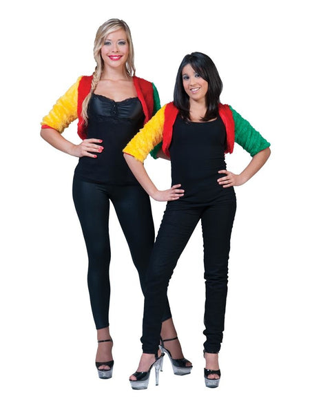 e-carnavalskleding-SYK Bolero rood-geel-groen fuzzy voor dames