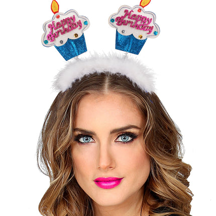 e-carnavalskleding-SYK Diadeem happy birthday cake blauw