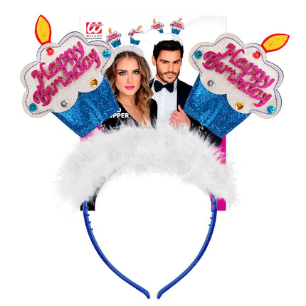 e-carnavalskleding-SYK Diadeem happy birthday cake blauw