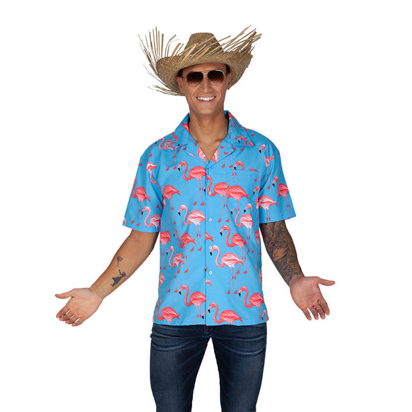 e-carnavalskleding-SYK Hawaii shirt blauw met roze flamingo's