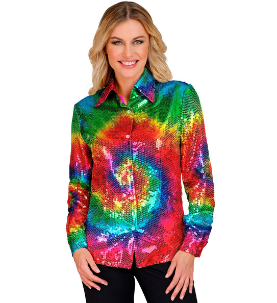 e-carnavalskleding-SYK Paillettenshirt dames tie dye meerkleurig