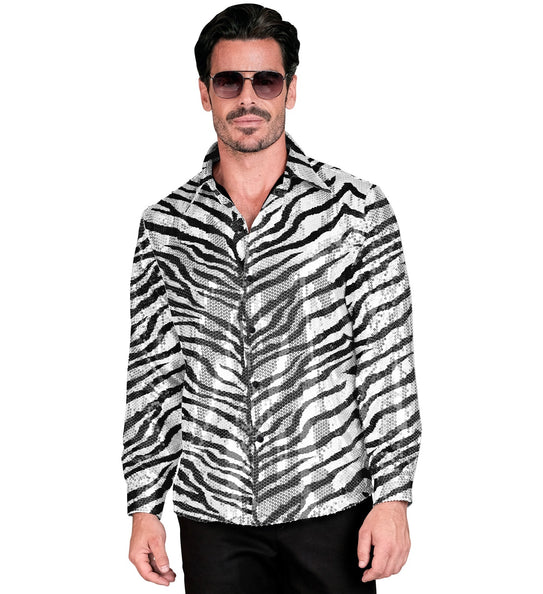 e-carnavalskleding-SYK Paillettenshirt zebra heren zwart/wit