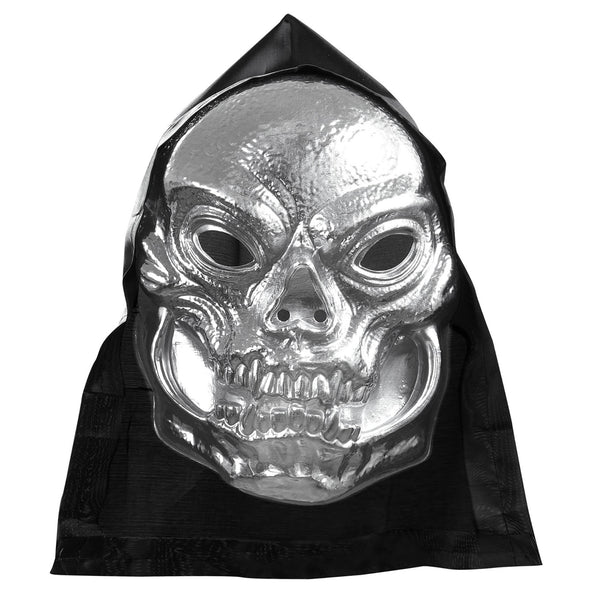 e-carnavalskleding-SYK Schedel masker zilver metallic met capuchon