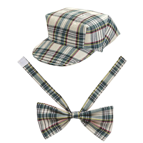 e-carnavalskleding-SYK Schotse pet tartan met strik ruit beige