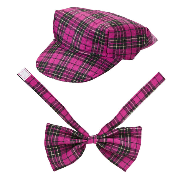 e-carnavalskleding-SYK Schotse pet tartan met strik ruit roze