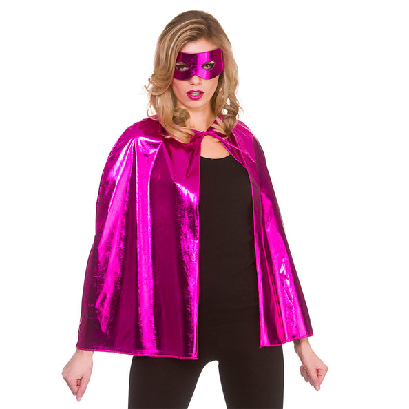 e-carnavalskleding-SYK Super helden cape metallic met masker 60cm roze