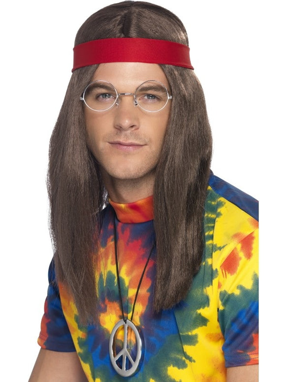 Bruine pruik Hippie Man met hoofdband en hippie ketting